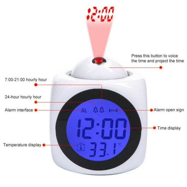 Digital Alarm Clock LCD Creative Projector Weather, Time Date Display USB Charger Home